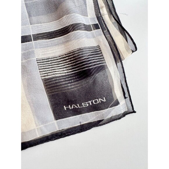 Vintage HALSTON Ivory Black Grey Check Silk Georgettte 56" x 13" Rectangle Scarf - Picture 9 of 10